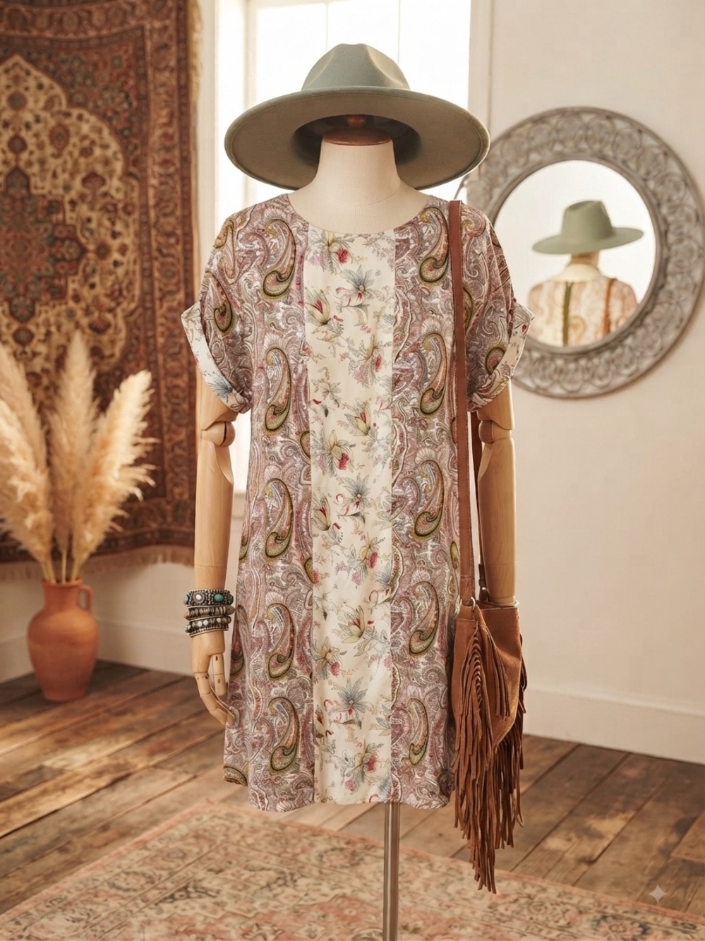 Boho Paisley Shift Dress in Beige and Olive Turkish Design sz 8